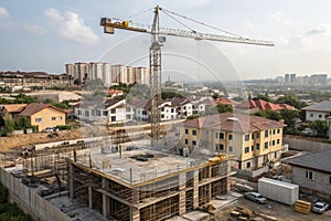 Construction site with tower crane and building progress