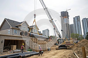 Construction site with tower crane lifting pipes
