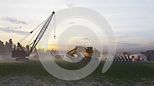 Construction site with tractors and cranes, industrial landscape in a summer day. The concept of construction. 3D