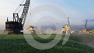 Construction site with tractors and cranes, industrial landscape in a summer day. The concept of construction. 3D