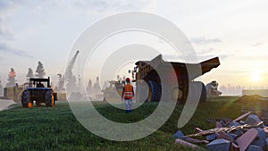 Construction site with tractors and cranes, industrial landscape in a summer day. The concept of construction. 3D