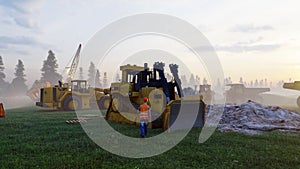 Construction site with tractors and cranes, industrial landscape in a summer day. The concept of construction. 3D