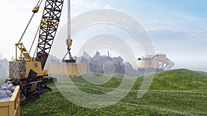 Construction site with tractors and cranes, industrial landscape in a summer day. The concept of construction. 3D