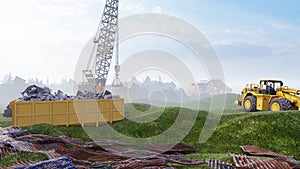 Construction site with tractors and cranes, industrial landscape in a summer day. The concept of construction. 3D