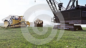 Construction site with tractors and cranes, industrial landscape in a summer day. The concept of construction. 3D