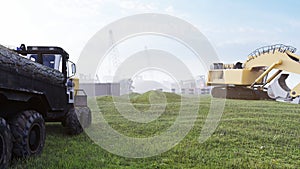 Construction site with tractors and cranes, industrial landscape in a summer day. The concept of construction. 3D