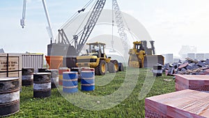 Construction site with tractors and cranes, industrial landscape in a summer day. The concept of construction. 3D