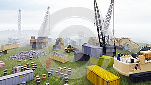 Construction site with tractors and cranes, industrial landscape in a summer day. The concept of construction. 3D