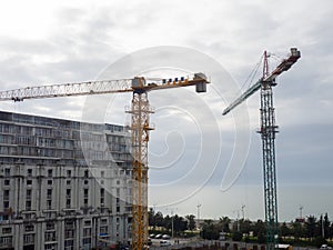 Construction site. View from above. Start of construction. Skyscraper foundation. workers. company