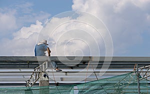 In the construction site, the welding workers at work.