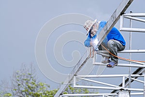 In the construction site, the welding workers at work.