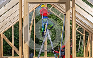 Construction Site Worker Building Wooden House Frame
