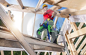 Construction Site Worker Building Wooden House Roof Framing