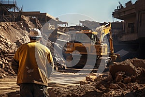 Construction site worker excavator man adult mature male european operator builder mud heavy machinery industrial
