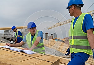 Construction site worker talks with the foreman while other worker drills behind them