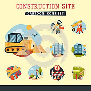 Construction site workers aerial industry equipment architecture crane building business development vector illustration