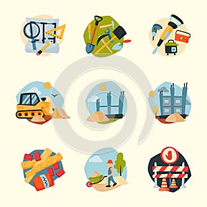 Construction site workers aerial industry equipment architecture crane building business development vector illustration