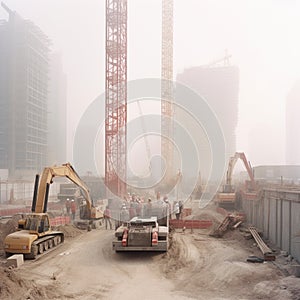 Construction site with workers and heavy machinery