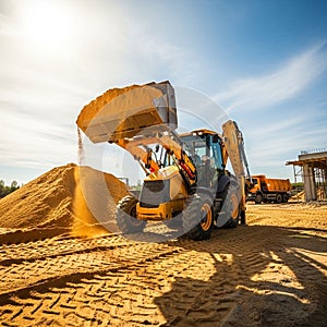 A construction site with a yellow backhoe loader lifting sand