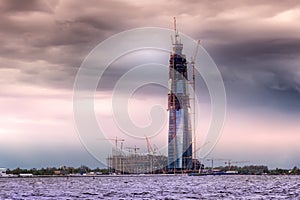 Construction of skyscraper in St. Petersburg, Russia