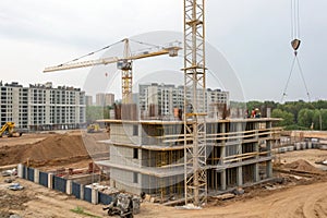 Skyscraper construction with crane and formworks photo