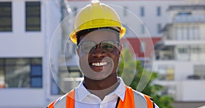 Construction, smile and face of black man in city for building inspection, site maintenance or civil engineering. Happy