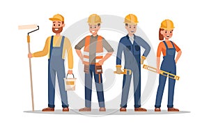 Construction staff characters design. Include foreman, painter, electrician, landscaper, carpenter. Professionals team