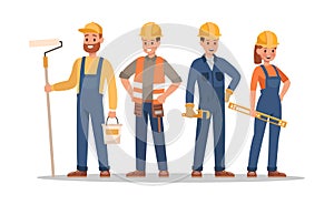 Construction staff characters design. Include foreman, painter, electrician, landscaper, carpenter. Professionals team photo
