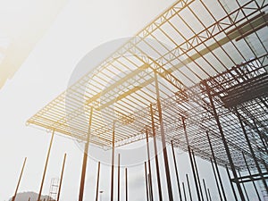 Construction, steel frame, roof structure, construction worker, sky view,