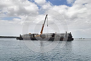 Construction Steel Pipe Pile used Piling Barge for driven pile and construction site workers. barge carries construction