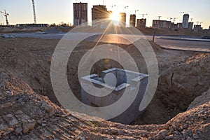 Construction of stormwater pits, sanitary sewer system distribution chamber and pump station. Sewerage manhole and pipes line