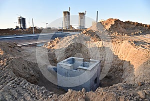 Construction of stormwater pits, sanitary sewer system distribution chamber and pump station. Sewerage manhole and pipes line