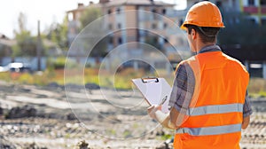 A construction supervisor inspecting progress at a site, holding a clipboard