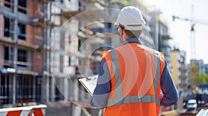 A construction supervisor inspecting progress at a site, holding a clipboard