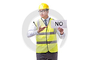 Construction supervisor with no asnwer isolated on white backgro photo