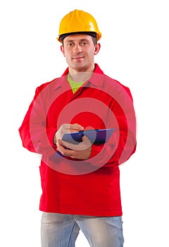 A construction supervisor writes on a clipboard. White background