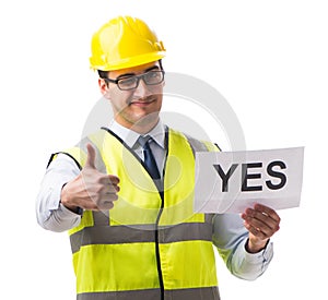 Construction supervisor with yes asnwer isolated on white backgr photo