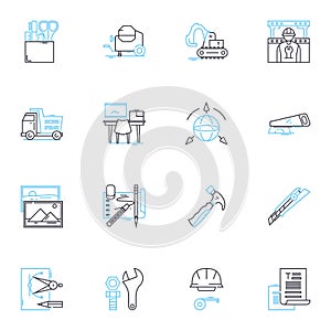 Construction supplies linear icons set. Lumber, Cement, Bricks, Steel, Sand, Gravel, Concrete line vector and concept