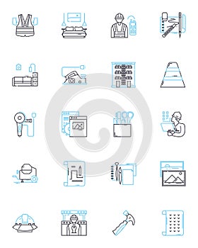 Construction supplies linear icons set. Lumber, Cement, Bricks, Steel, Sand, Gravel, Concrete line vector and concept