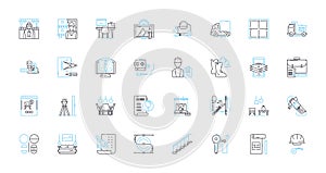 Construction supplies linear icons set. Lumber, Cement, Bricks, Steel, Sand, Gravel, Concrete line vector and concept