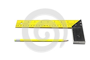 Construction tape measure and pencil on a white background.