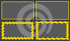 Construction tape yellow striped frame. Caution border line background set. Restricted zone sign template. Vector design