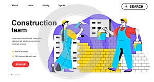 Construction team concept for landing page template. Woman painting walls and man working on building site. Real estate people