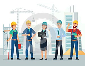 Construction team. Engineering and constructions workers, building engineers group and technicians people cartoon vector