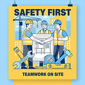 Construction Team Safety Poster Teamwork and Safety First Concept