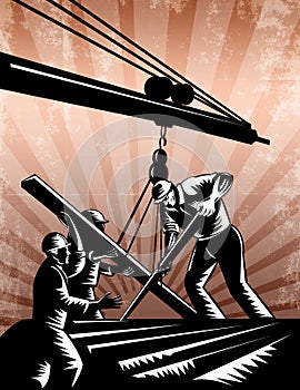 Construction Team Workers Woodcut Retro Poster