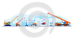 Construction technique, vehicle truck, isolated on white, forklift car, industrial bulldozer, flat style vector