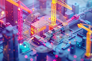 Construction and technology, 3D flat design, tilted angle view of a high-tech workspace