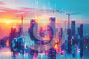 Construction and technology, 3D flat design, tilted angle view of a high-tech workspace