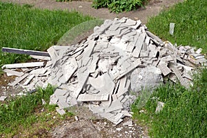 Construction tiles rubbish heap dump, brick debris garbage, outdoor